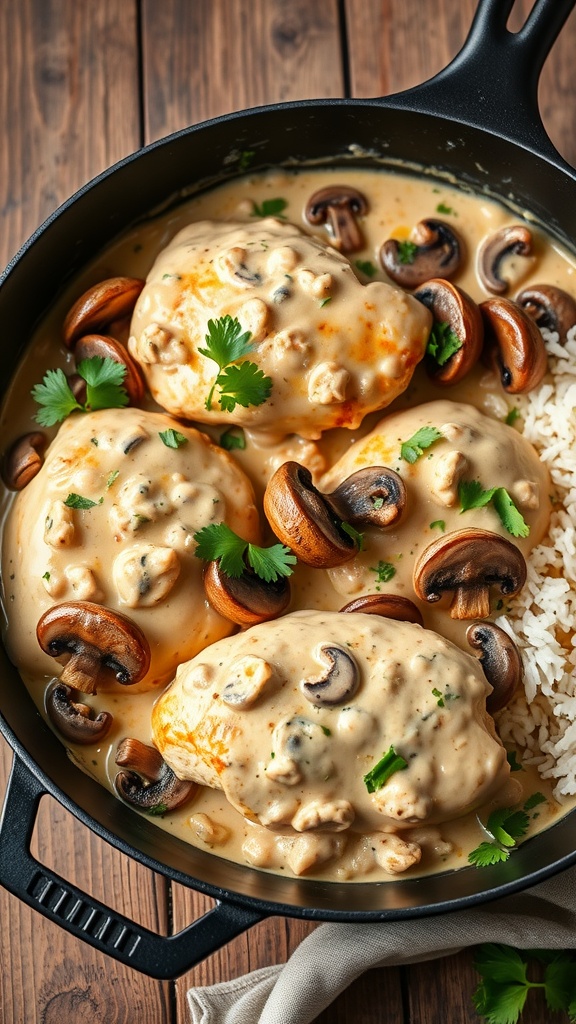 Creamy mushroom chicken skillet with tender chicken and mushrooms in a rich sauce, garnished with parsley, served with rice.